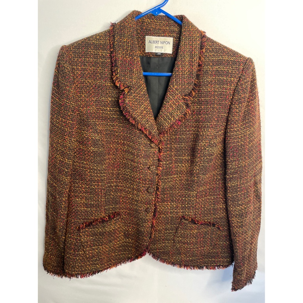 Albert Nipon Petite Wool Blend Tweed Frayed Trim Blazer Jacket Orange Red 12P